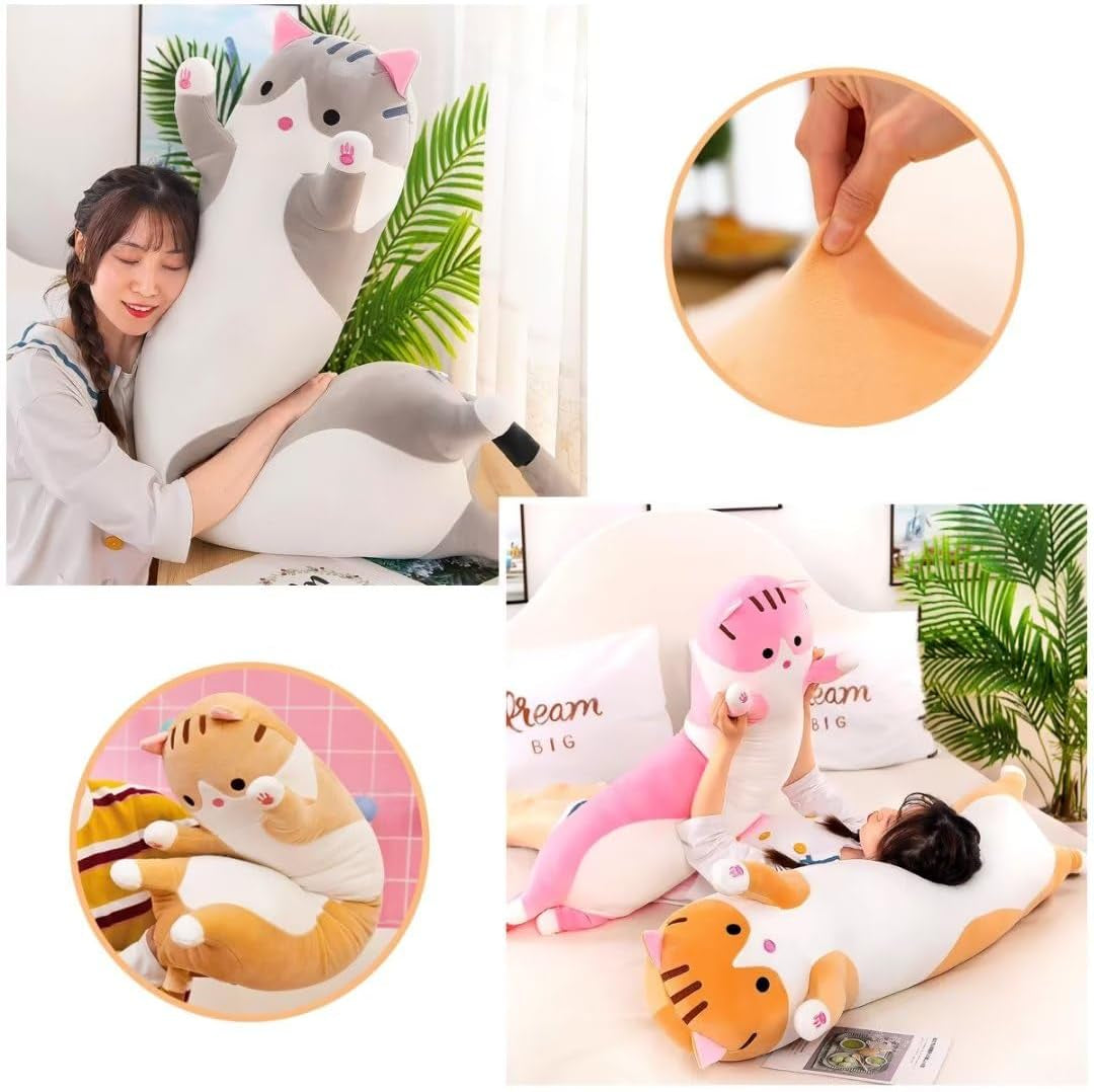 Cute Cat Plush Long Body Pillow – Soft Cartoon Stuffed Animal Doll, Kawaii Cat Plushie Cuddle Toy Gift for Kids, Girls & Girlfriend (Gray, 19.7 Inch)