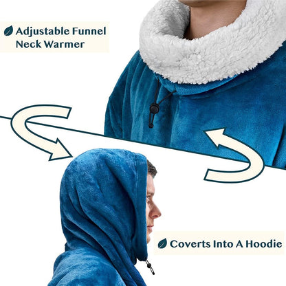 Sherpa Wearable Blanket Hoodie Women Men, Oversized Hoodie Sweatshirt Blanket, Thick Sweater Blanket Neck Warmer, Fleece Hood Hug Sleep Pod Adult, Cozy Warm Plush Gift Idea Mom Wife, Teal Blue