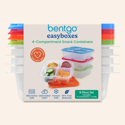 Easyboxes 4-Compartment Snack Containers - 8-Piece Set with 4 Trays & 4 Custom-Fit Lids to Seal in Freshness - Reusable Food Storage & Meal Prep Bento Bpa-Free Containers (Classic)