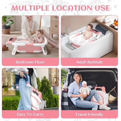 Collapsible Baby Bathtub for Newborn to Toddler 0-36 Months with Thermometer, Hooded Towel, Soft Cushion and Bath Toys, Portable Travel Baby Tub with Drain Hole, Pink