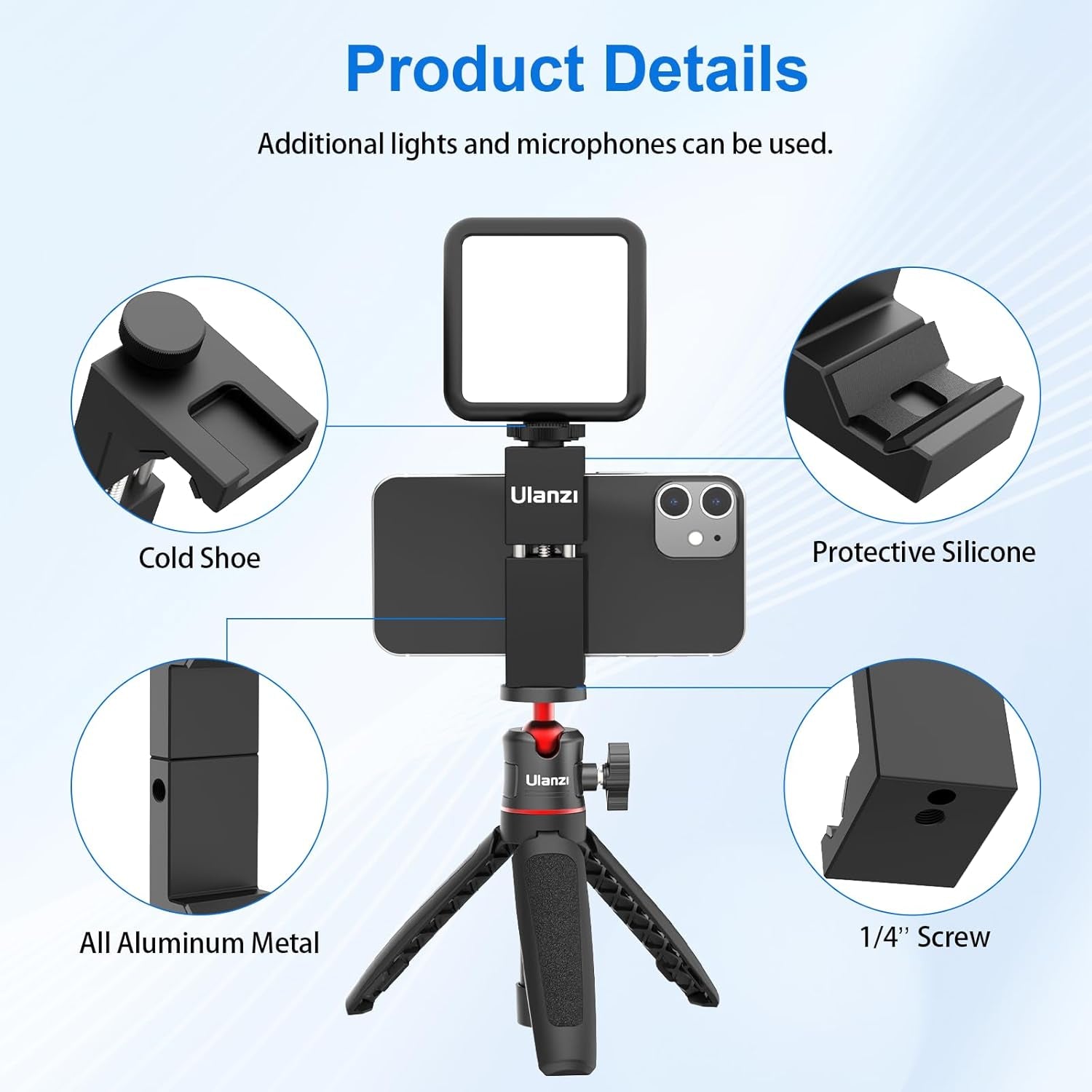 ST-02S Aluminum Phone Tripod Mount W Cold Shoe Mount, Support Vertical and Horizontal, Universal Metal Adjustable Clamp for Iphone 12 11 Pro Xs X Max 8 7 plus Samsung Android Smartphones