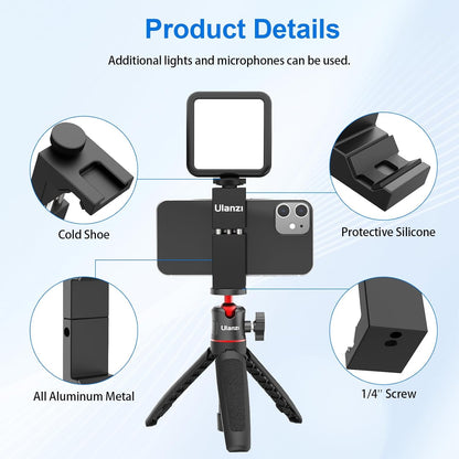 ST-02S Aluminum Phone Tripod Mount W Cold Shoe Mount, Support Vertical and Horizontal, Universal Metal Adjustable Clamp for Iphone 12 11 Pro Xs X Max 8 7 plus Samsung Android Smartphones